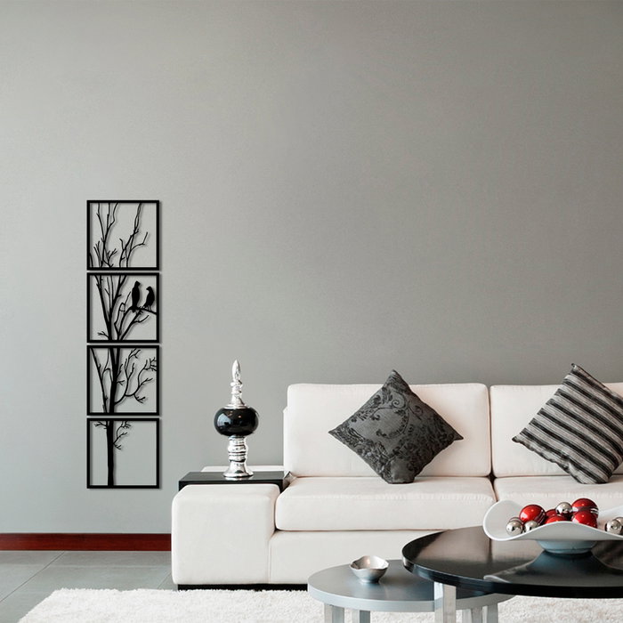 Wallity Tree And Birds S - Escultura de pared de metal negro (4 piezas)